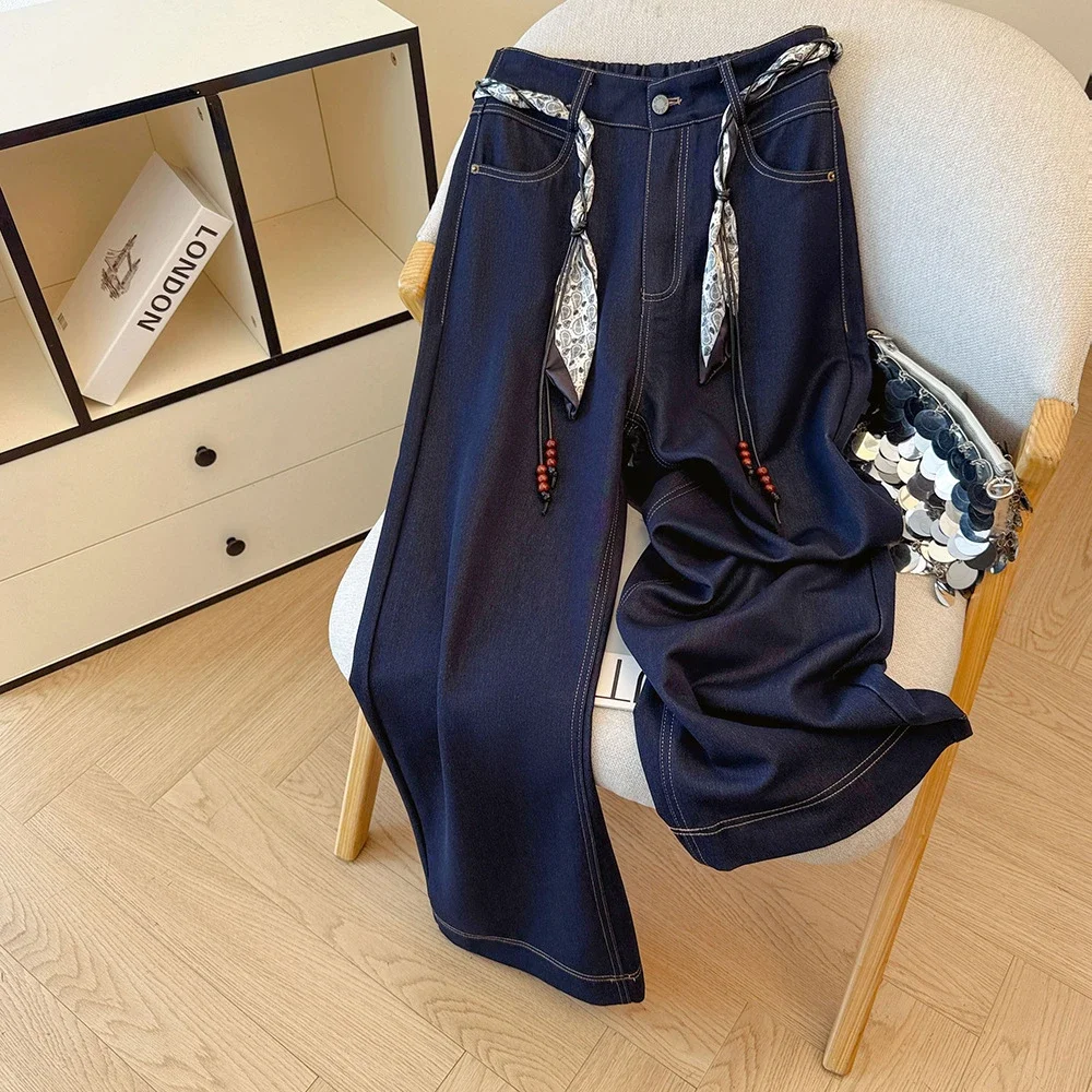 Early Autumn Scarf High-Waisted Denim Wide-Leg Pants
