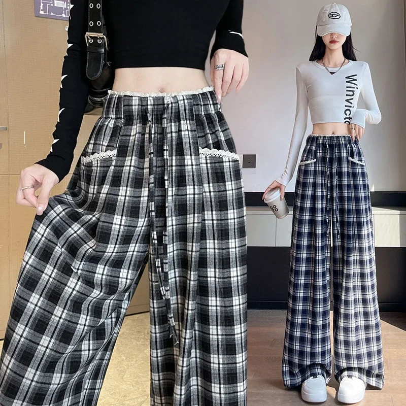 Lace Trim Plaid Wide-Leg Pants 2025 Fall