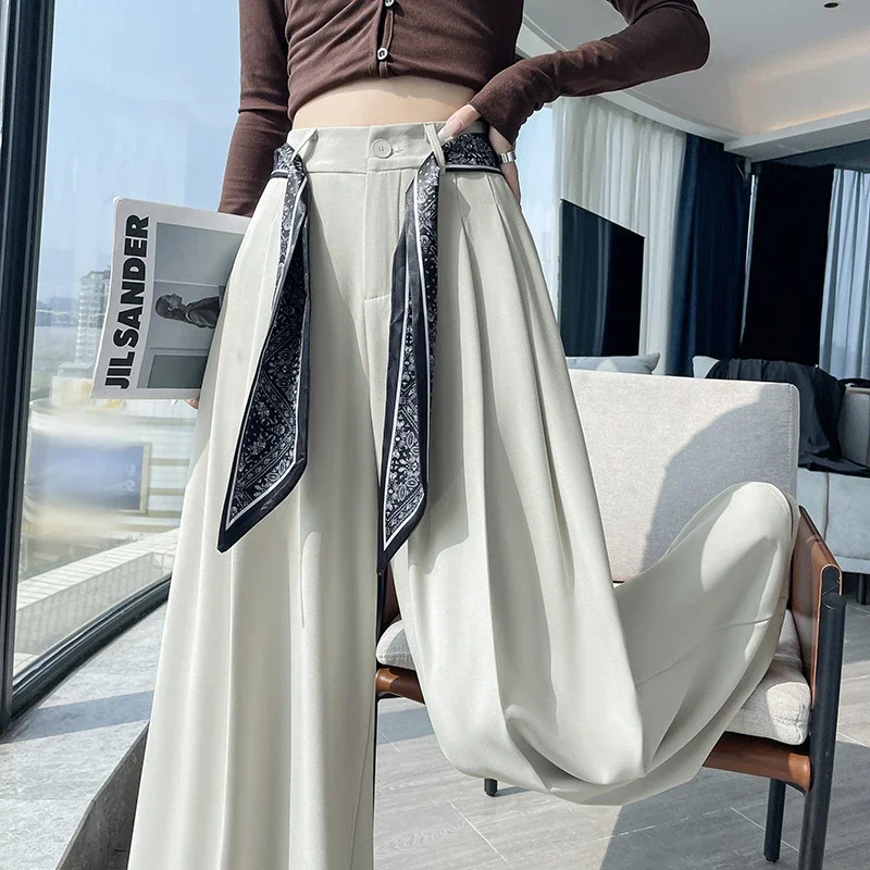 2025 New Women's Silk Belt Drapey Wide - Leg Pants