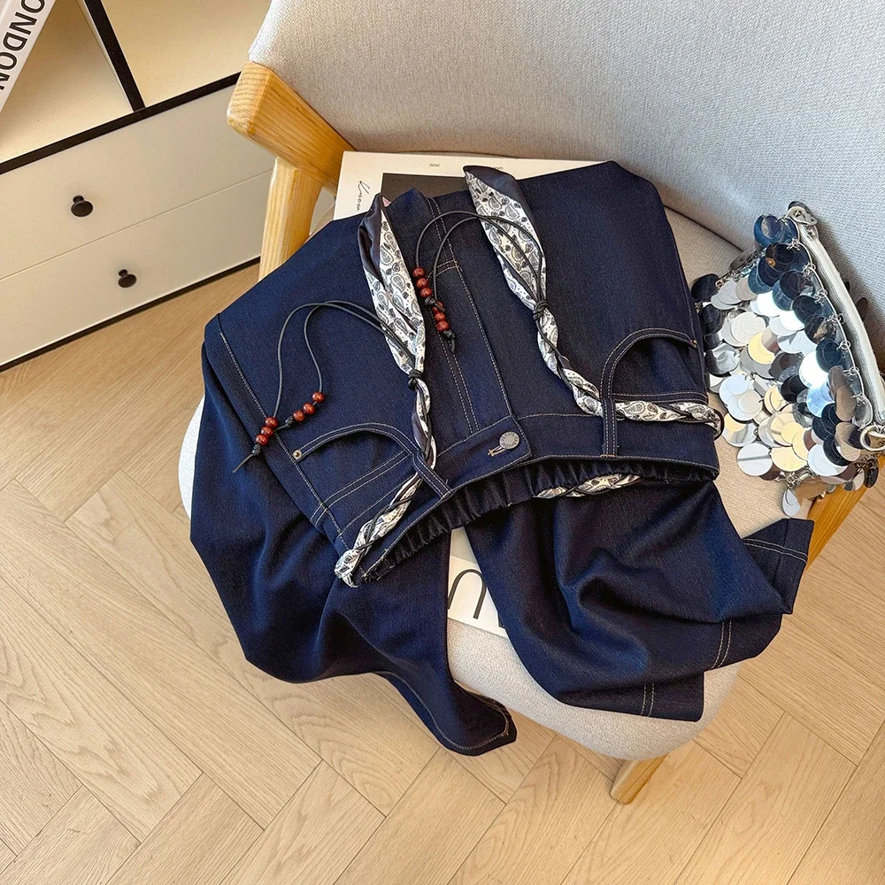 Early Autumn Scarf High-Waisted Denim Wide-Leg Pants