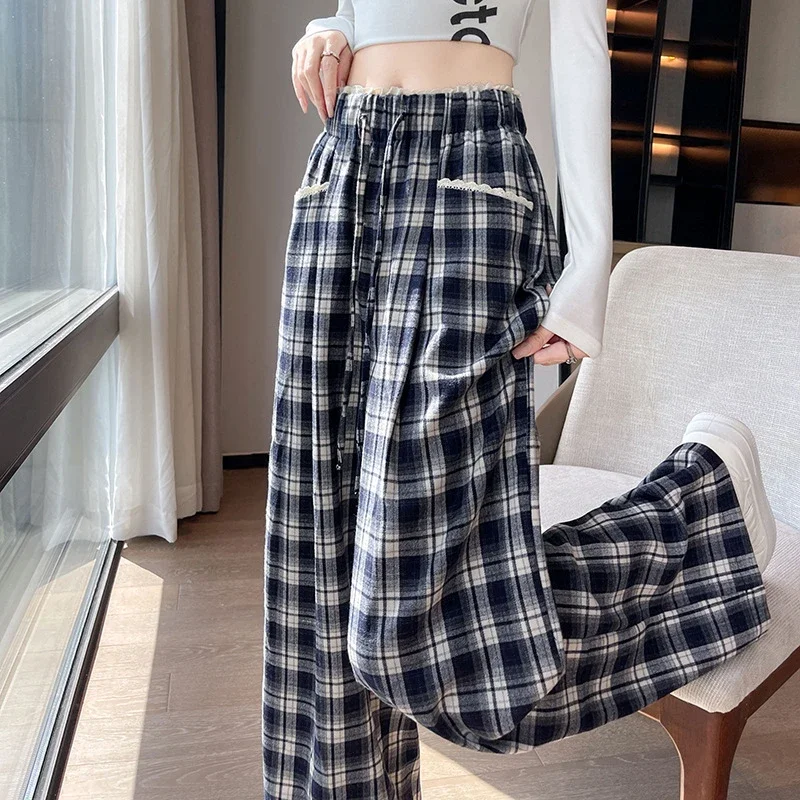 Lace Trim Plaid Wide-Leg Pants 2025 Fall