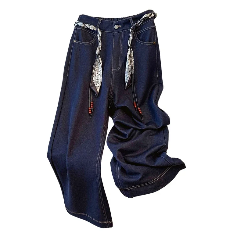 Early Autumn Scarf High-Waisted Denim Wide-Leg Pants