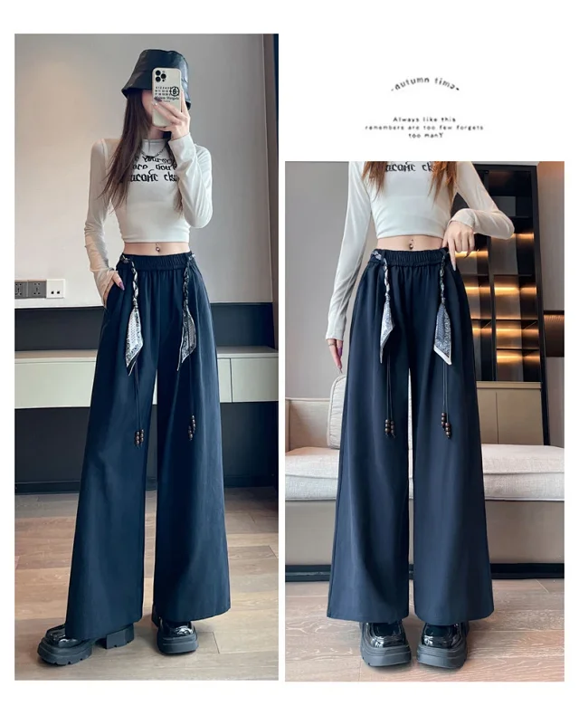 2025 Early Fall Korean-style Wide-leg Pants with Scarf Detail