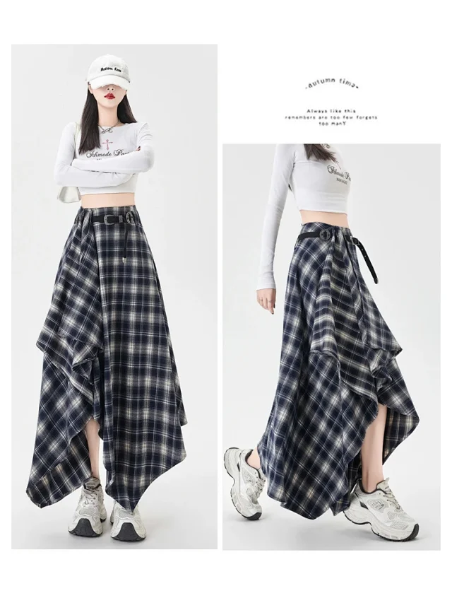 2025 Fall New Korean Black Plaid Irregular High-Waist Midi Skirt for Petite Cuties Detail
