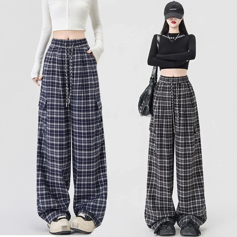 Stylish Plaid Wide-Leg Cargo Pants for Women