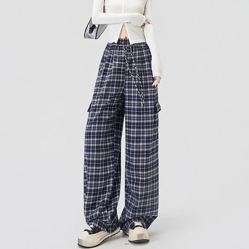 Stylish Plaid Wide-Leg Cargo Pants for Women