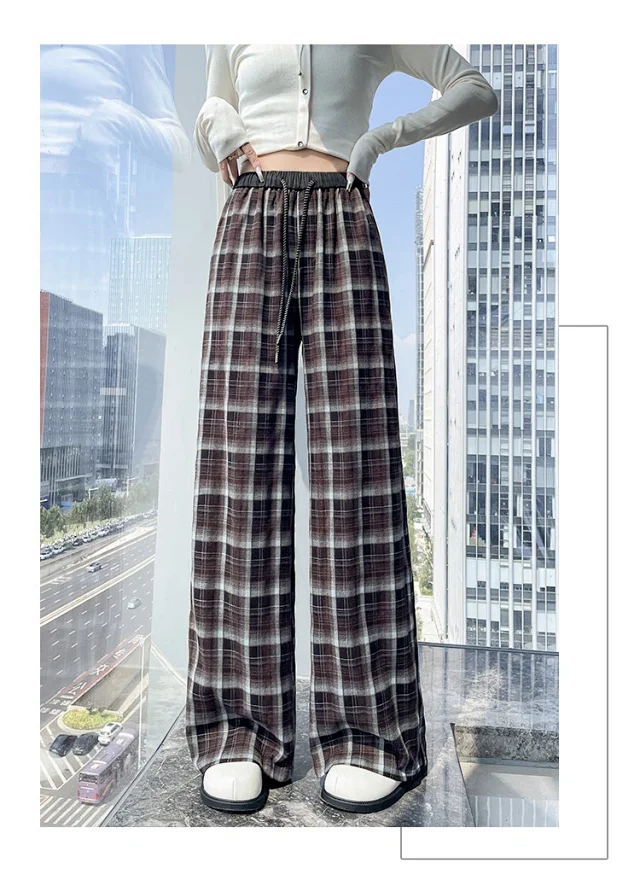 Women's Vintage Plaid Loose High-Waist Pants Detail