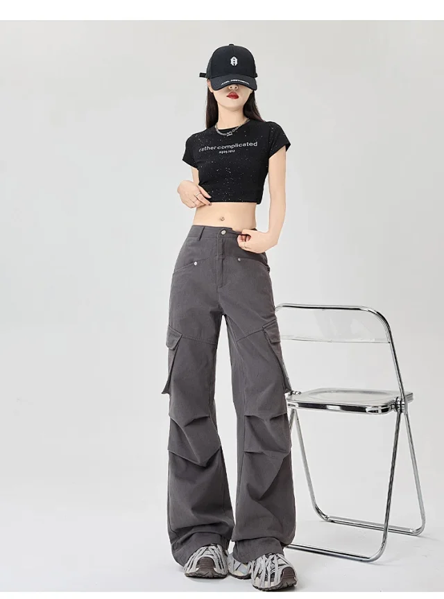 American Retro Pleated Multi-pocket Streetwear Cargo Pants Detail