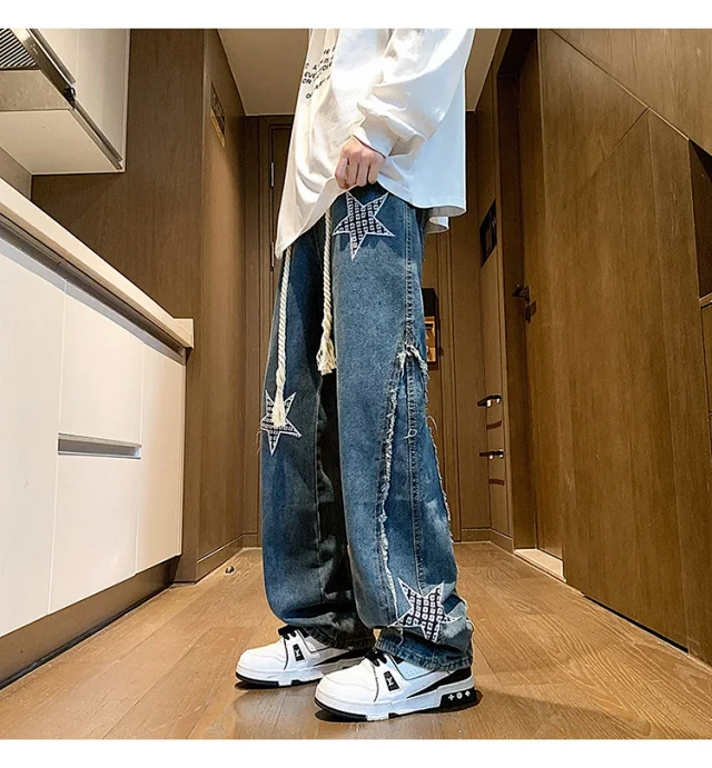 Hip-hop Men's Spring Twisted Rope Star Jeans Detail