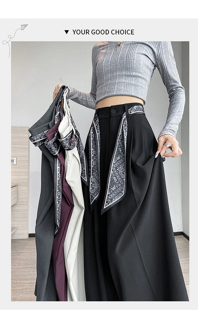 2025 New Women's Silk Belt Drapey Wide - Leg Pants Detail