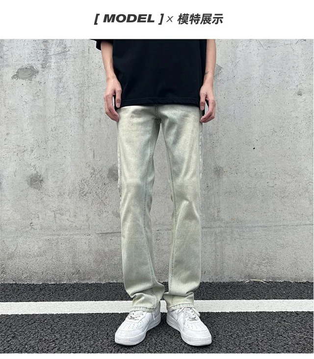 Men's Loose Straight Jeans with Yellow Mud Dyeing Detail