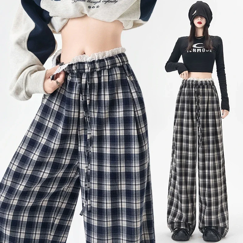 Lace Trimmed Plaid Wide-Leg Pants for Women