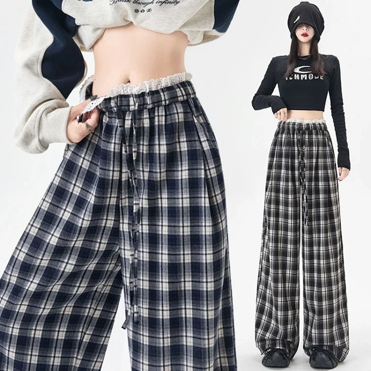 Lace Trimmed Plaid Wide-Leg Pants for Women
