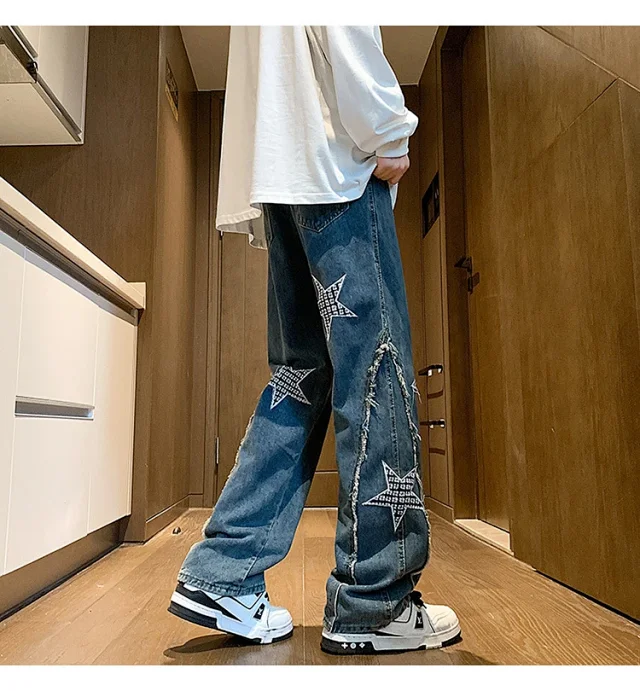 Hip-hop Men's Spring Twisted Rope Star Jeans Detail