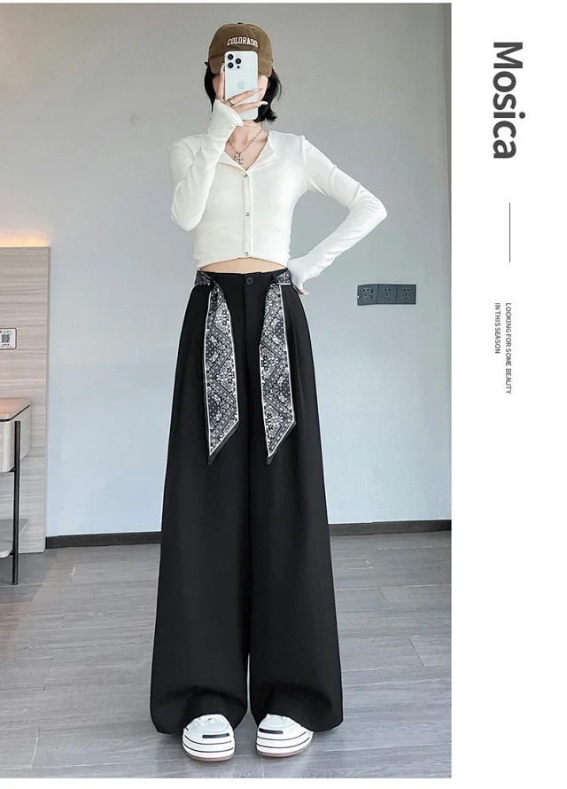 2025 Women's Wide-Leg High-Waist Suit Pants with Scarf Belt Detail