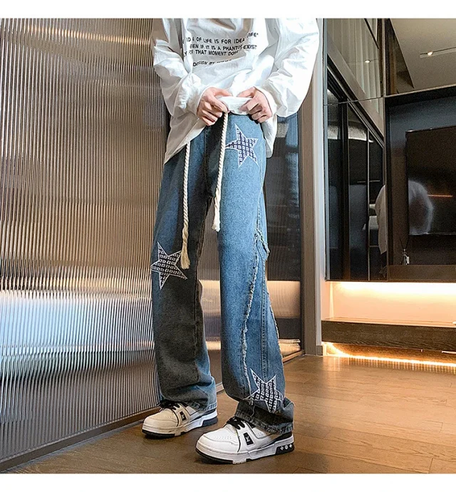 Hip-hop Men's Spring Twisted Rope Star Jeans Detail