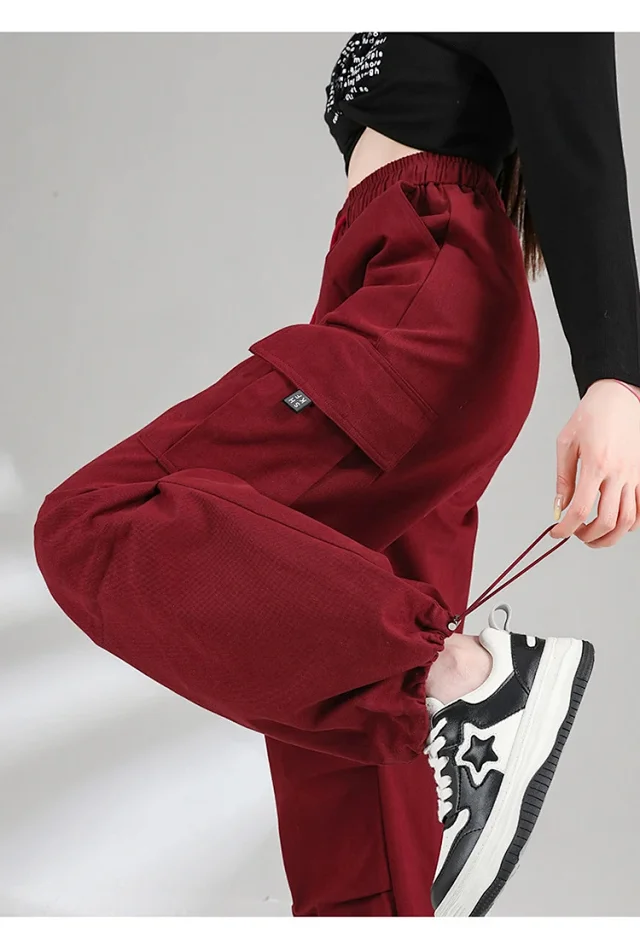 Ankela Red 2025 Fall Drawstring Cargo Pants Detail