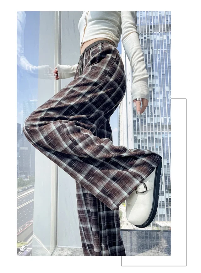Women's Vintage Plaid Loose High-Waist Pants Detail
