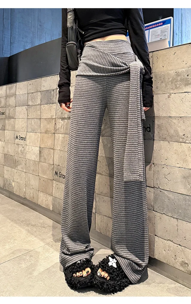 Women's 2025 Autumn Strap Striped Wide - leg Pants Detail