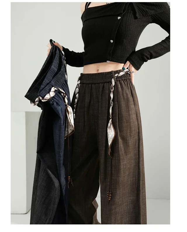 Women's 2025 Early Autumn Silk Scarf Tie Wide-Leg Pants Detail