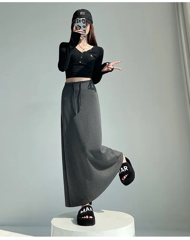 25 Korean Style Autumn-Winter Casual Drawstring Elastic Waist A-line Midi Skirt with Slit Detail
