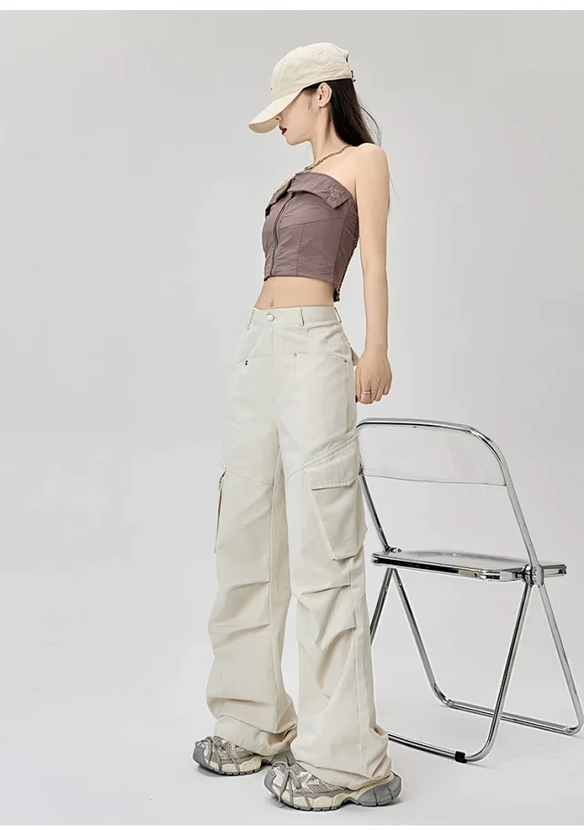 American Retro Pleated Multi-pocket Streetwear Cargo Pants Detail