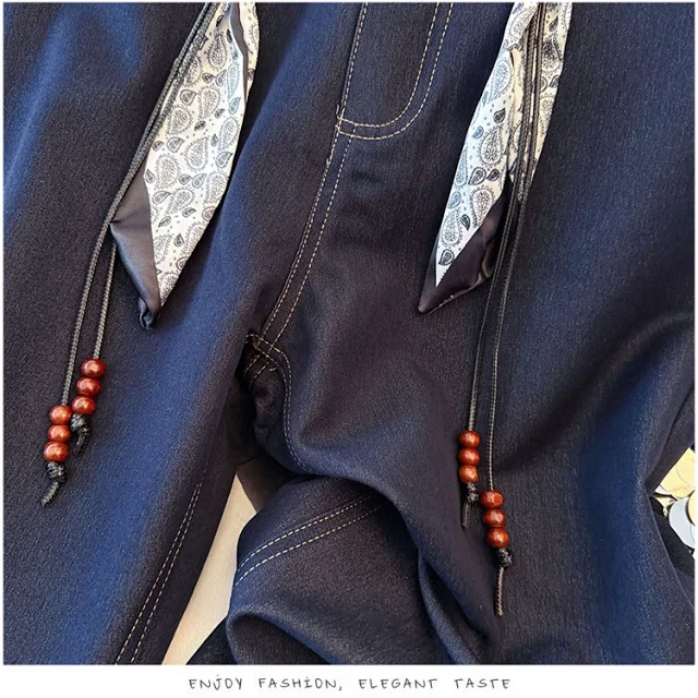 Early Autumn Scarf High-Waisted Denim Wide-Leg Pants Detail