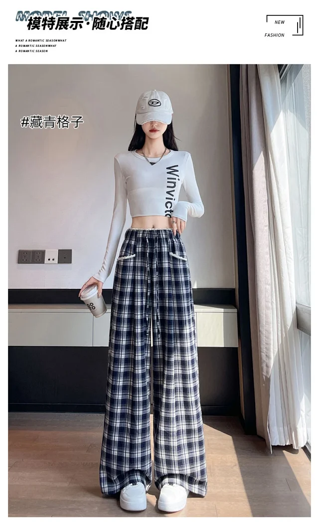 Lace Trim Plaid Wide-Leg Pants 2025 Fall Detail