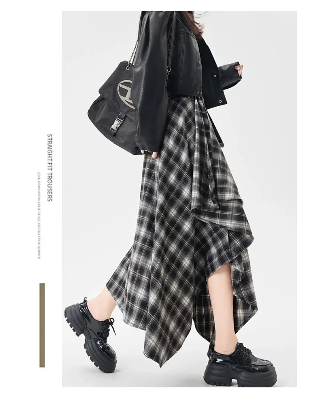 2025 Fall New Korean Black Plaid Irregular High-Waist Midi Skirt for Petite Cuties Detail