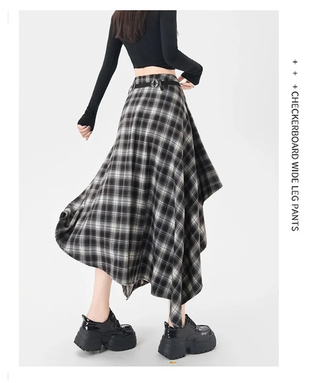 2025 Fall New Korean Black Plaid Irregular High-Waist Midi Skirt for Petite Cuties Detail