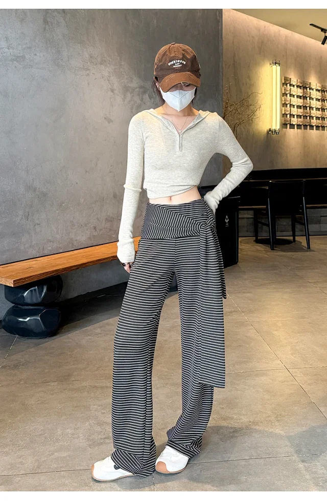 Women's 2025 Autumn Strap Striped Wide - leg Pants Detail