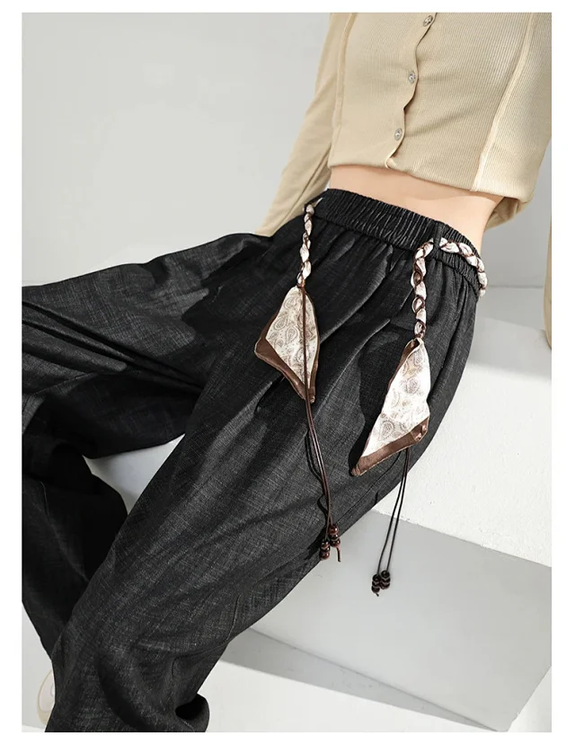 Women's 2025 Early Autumn Silk Scarf Tie Wide-Leg Pants Detail