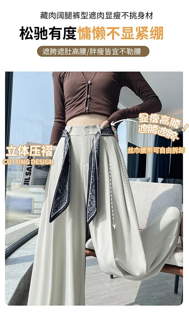 2025 New Women's Silk Belt Drapey Wide - Leg Pants Detail