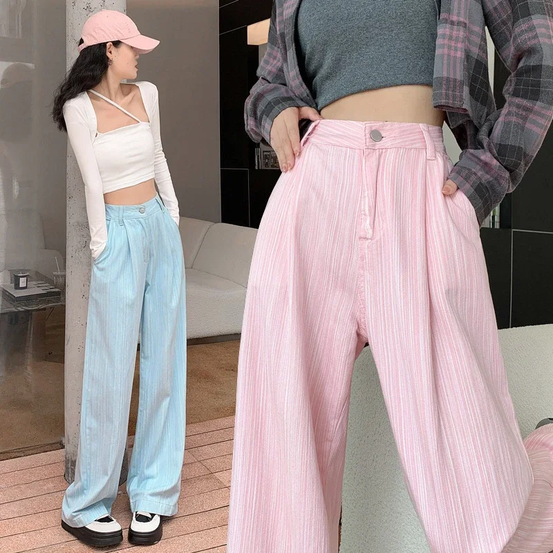 2025 Blue Striped Wide-Leg Pants for Pear-shaped Women