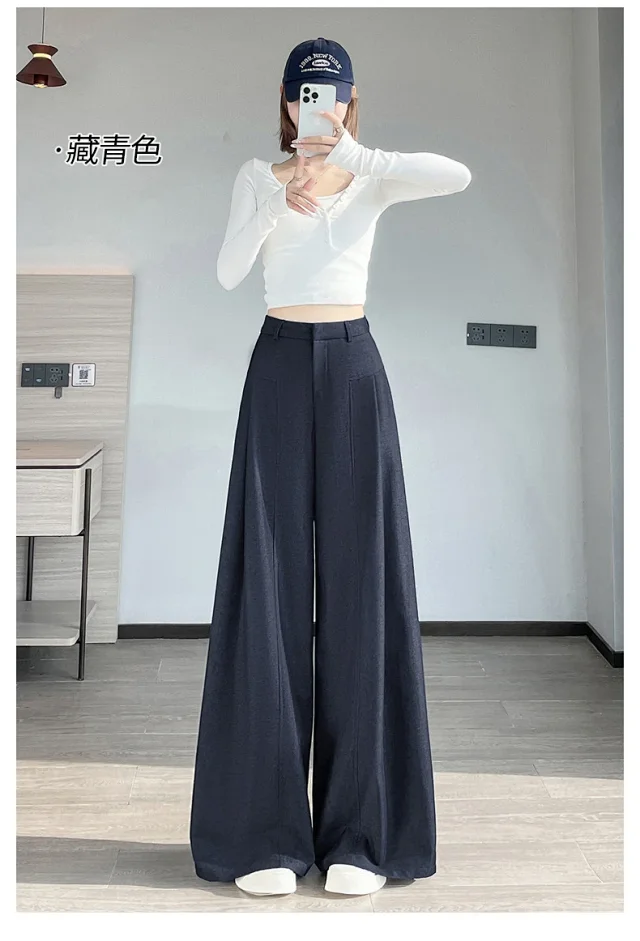 2025 Fall Old Money Style Navy Faux Denim Wide-Leg Pants for Women Detail