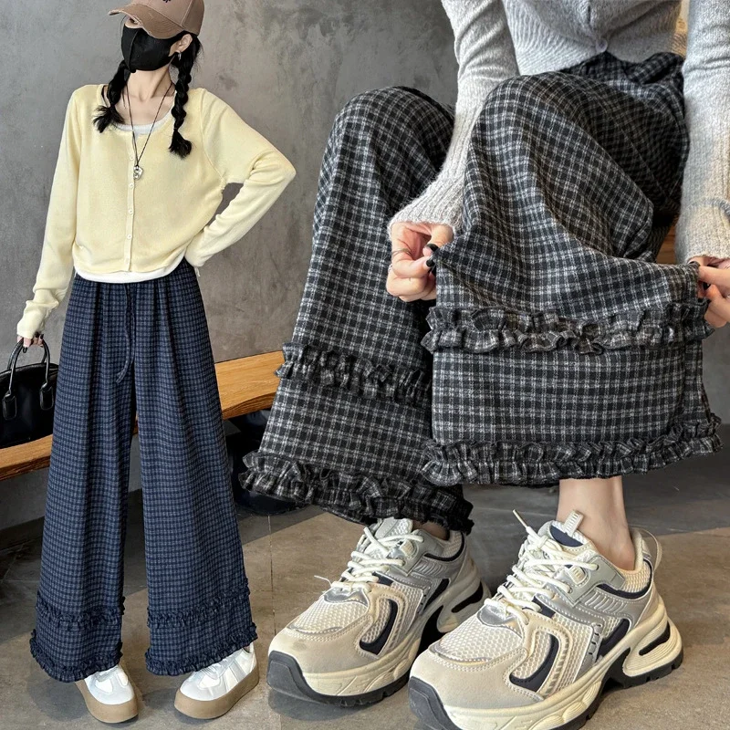 2025 Autumn Women's Ruffled Plaid Wide - leg Pants