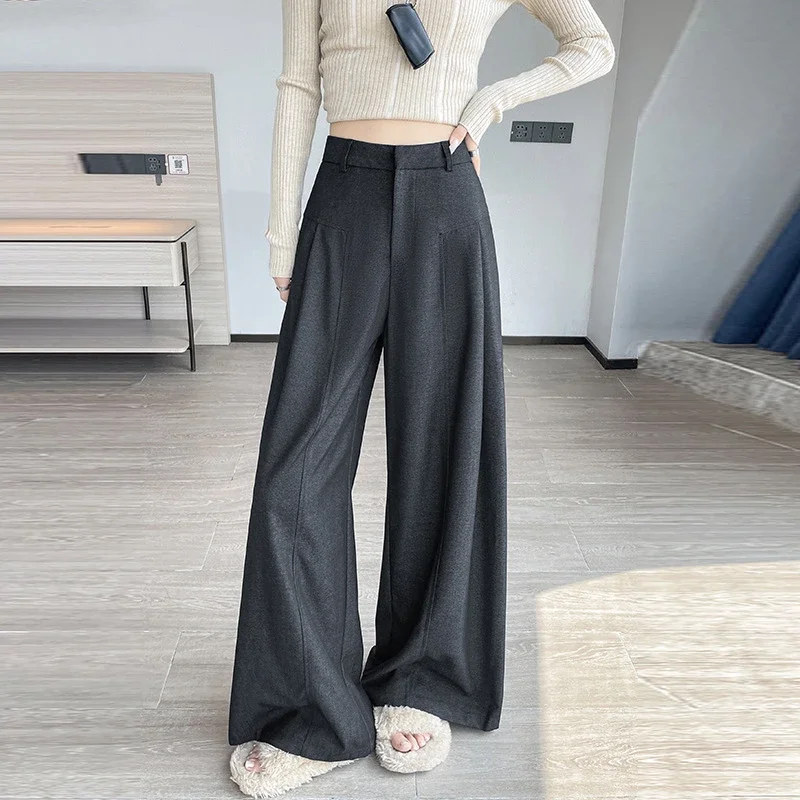 2025 Fall Old Money Style Navy Faux Denim Wide-Leg Pants for Women