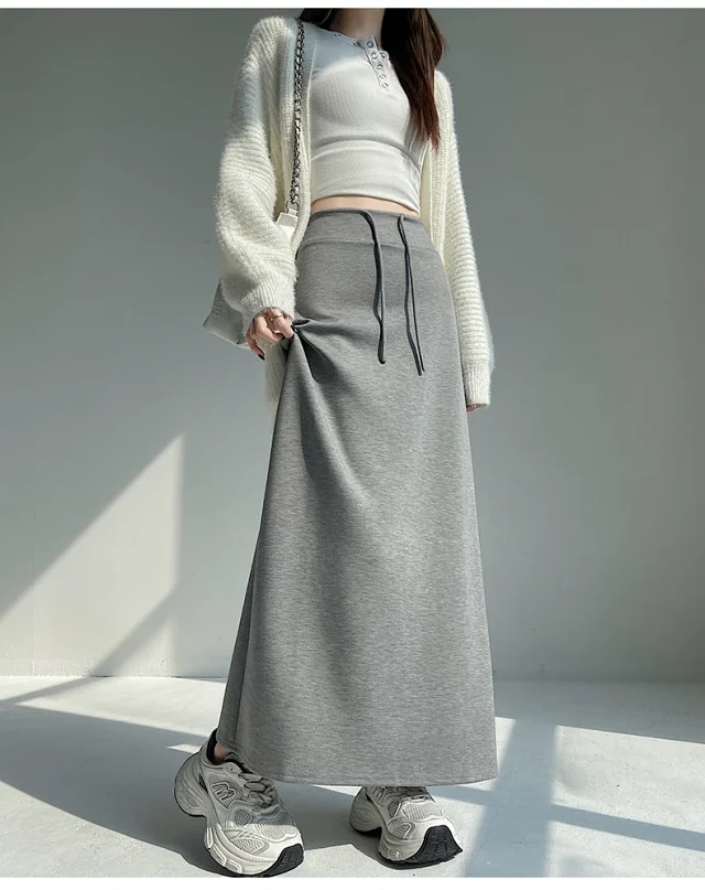 25 Korean Style Autumn-Winter Casual Drawstring Elastic Waist A-line Midi Skirt with Slit Detail