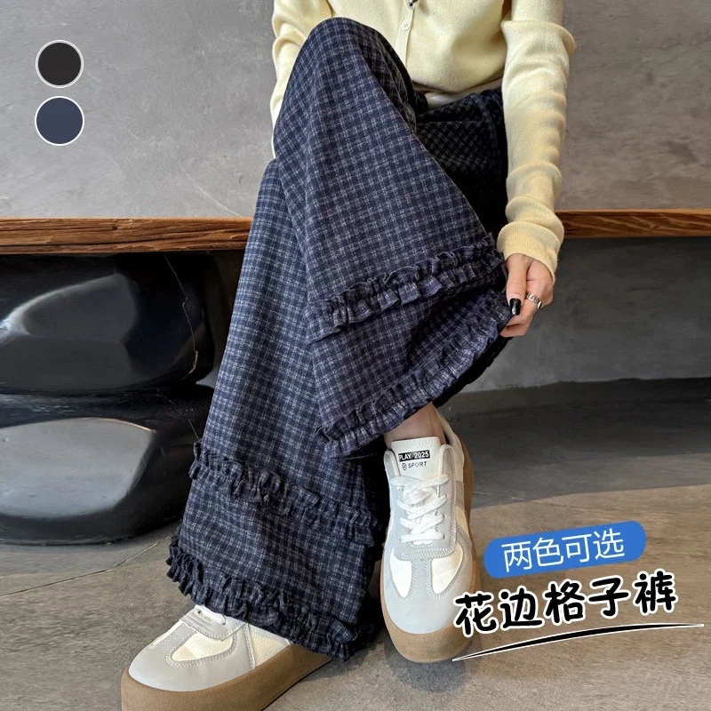 2025 Autumn Women's Ruffled Plaid Wide - leg Pants
