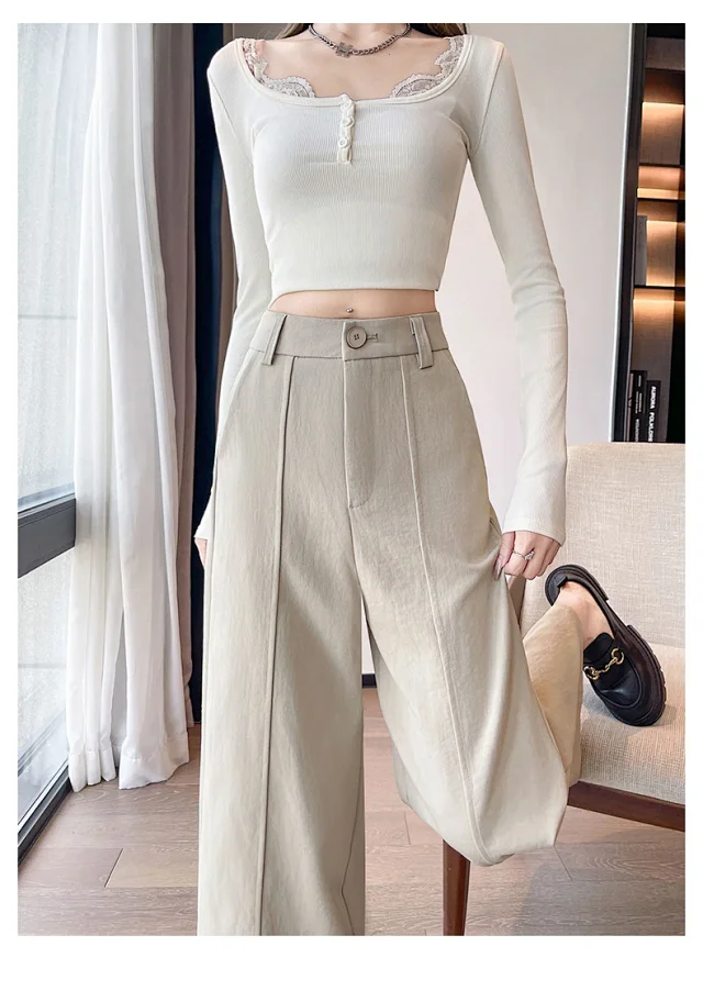 Women's 2025 Fall Washable Cotton Suit Wide - Leg Pants Detail