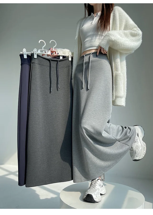 25 Korean Style Autumn-Winter Casual Drawstring Elastic Waist A-line Midi Skirt with Slit Detail