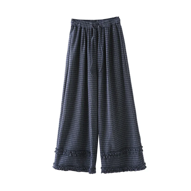 2025 Autumn Women's Ruffled Plaid Wide - leg Pants