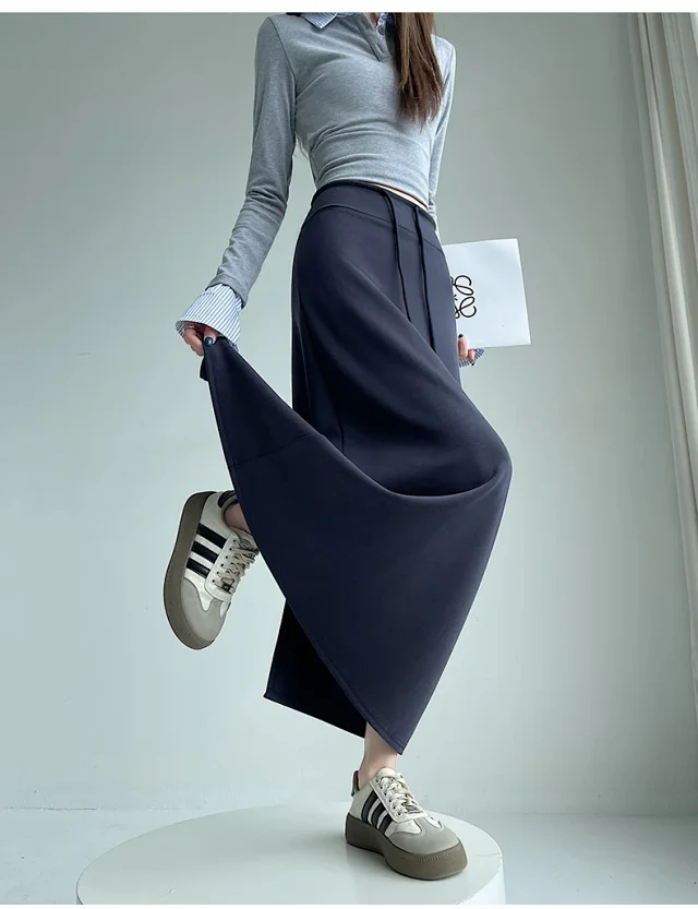 25 Korean Style Autumn-Winter Casual Drawstring Elastic Waist A-line Midi Skirt with Slit Detail