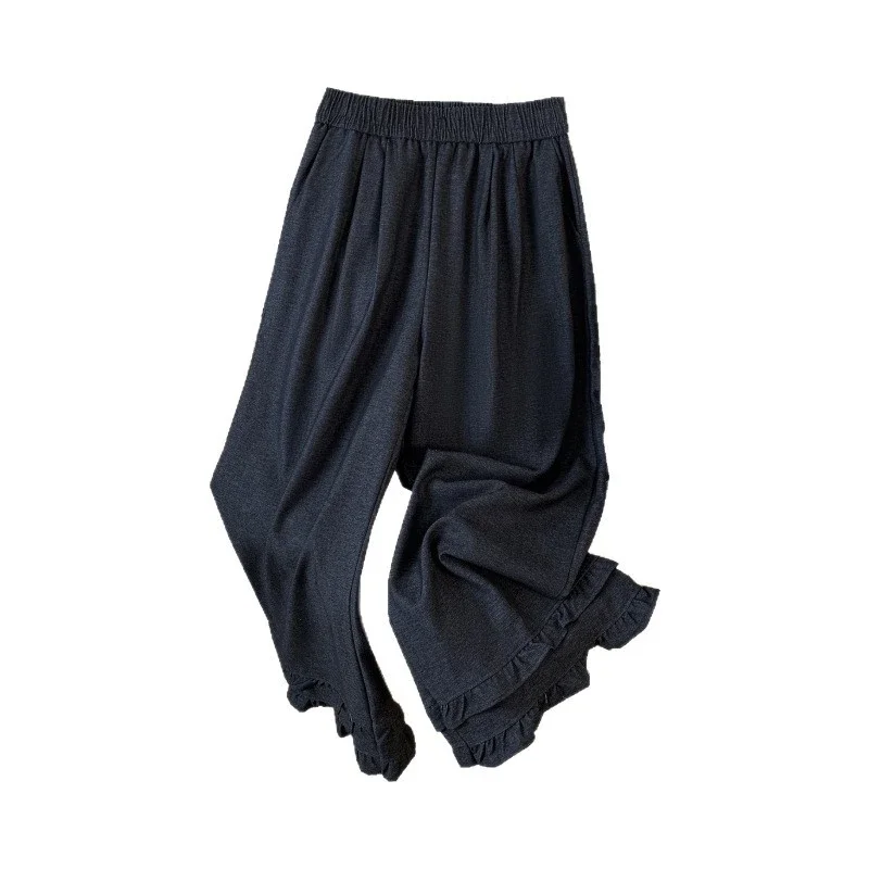 2025 Autumn New Thickened Tencel Denim Ruffle Trim Relaxed Fit Straight Cropped Pants for Women