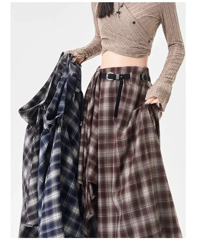 2025 Fall New Korean Black Plaid Irregular High-Waist Midi Skirt for Petite Cuties Detail