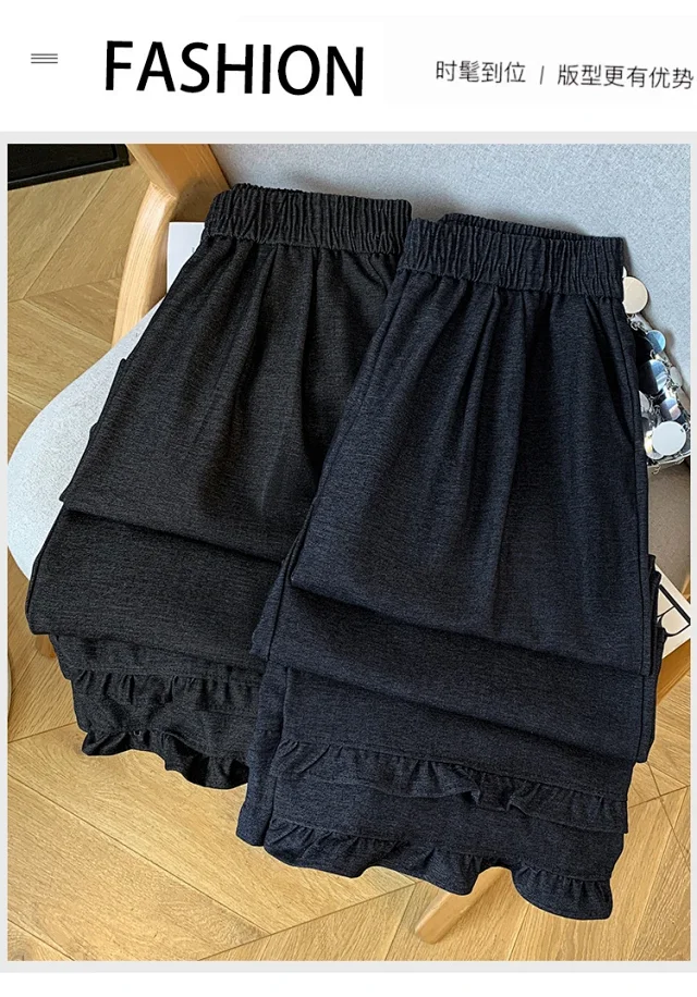 2025 Autumn New Thickened Tencel Denim Ruffle Trim Relaxed Fit Straight Cropped Pants for Women Detail