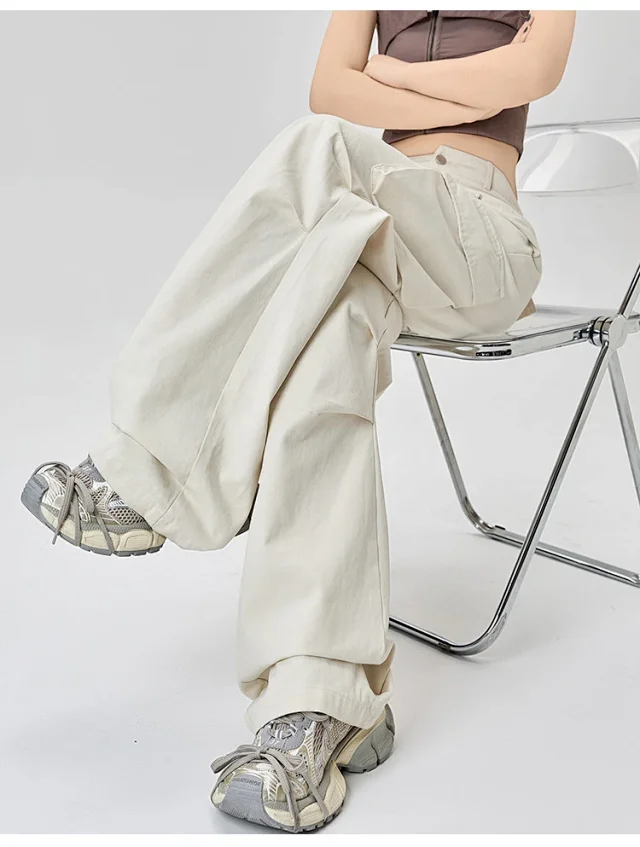 American Retro Pleated Multi-pocket Streetwear Cargo Pants Detail