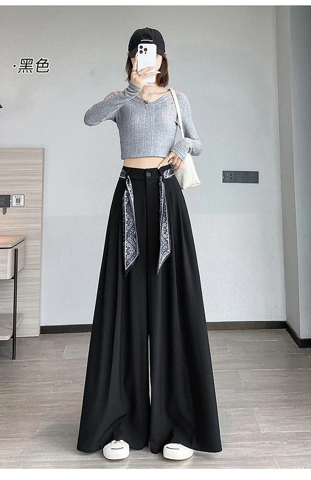 2025 New Women's Silk Belt Drapey Wide - Leg Pants Detail