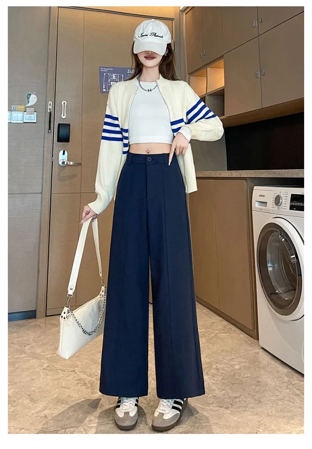 Women's 2025 Fall Washable Cotton Suit Wide - Leg Pants Detail