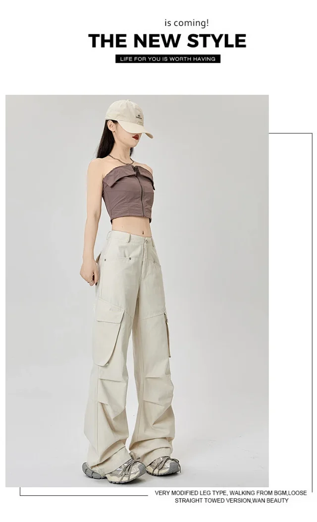 American Retro Pleated Multi-pocket Streetwear Cargo Pants Detail
